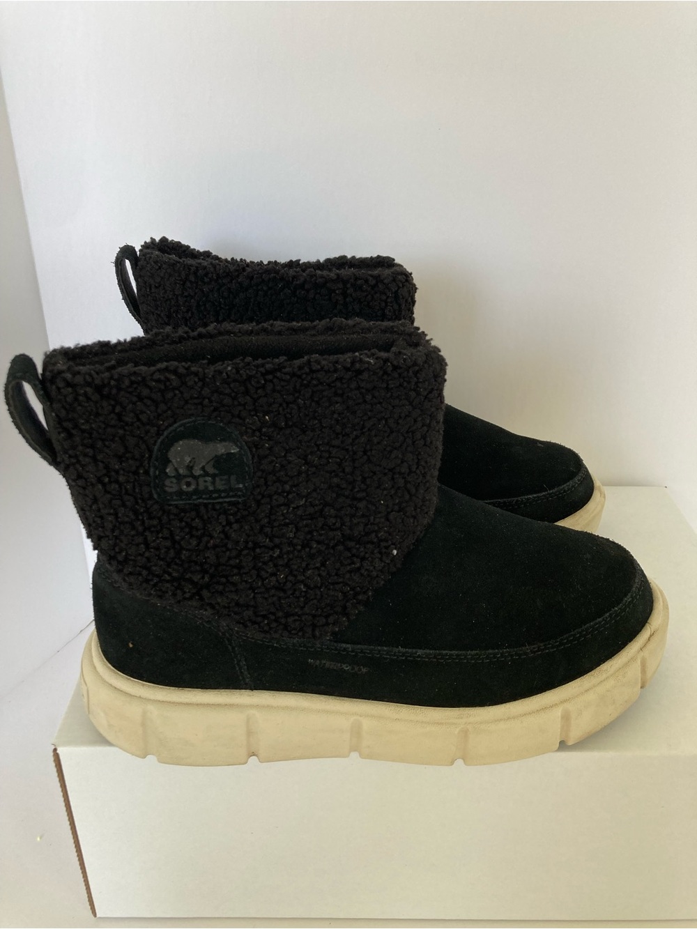 Sorel Explorer Slip On Cozy Black Faux-Sherpa Ankle Boots